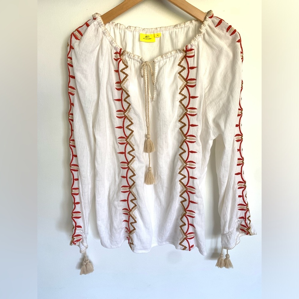 Roller Rabbit Embroidered Peasant Blouse Top Long sleeve